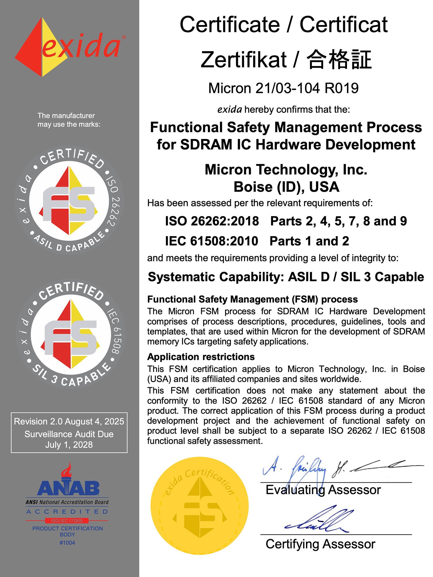 exida ISO and IEC Certificate for Micron Functional Safety Management Process for SDRM IC Hardware Development